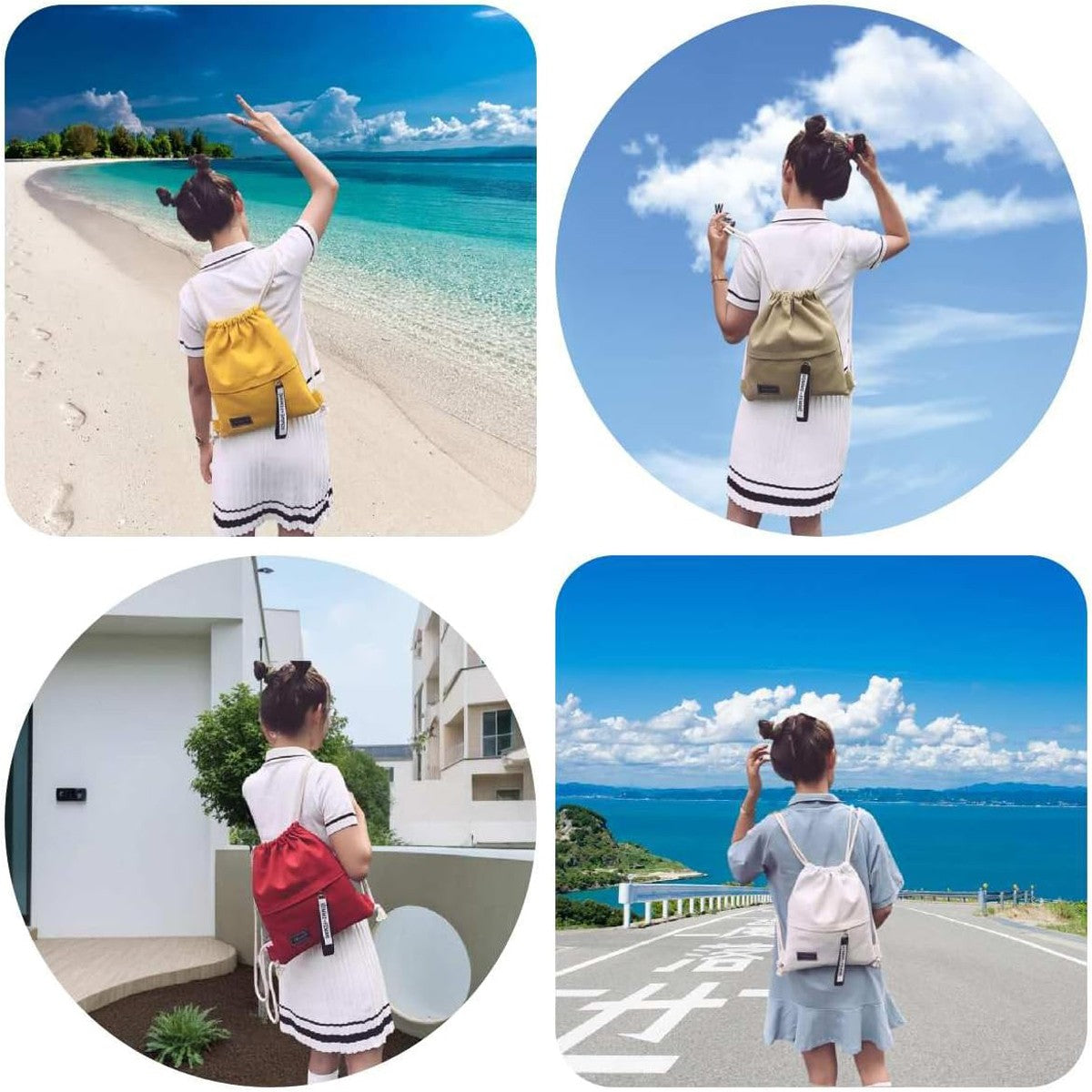 Canvas School Bag Double Shoulder Drawstring Backpack Drawstring Pocket Portable Casual Backpack Women Men Travel Backpack-A-DH