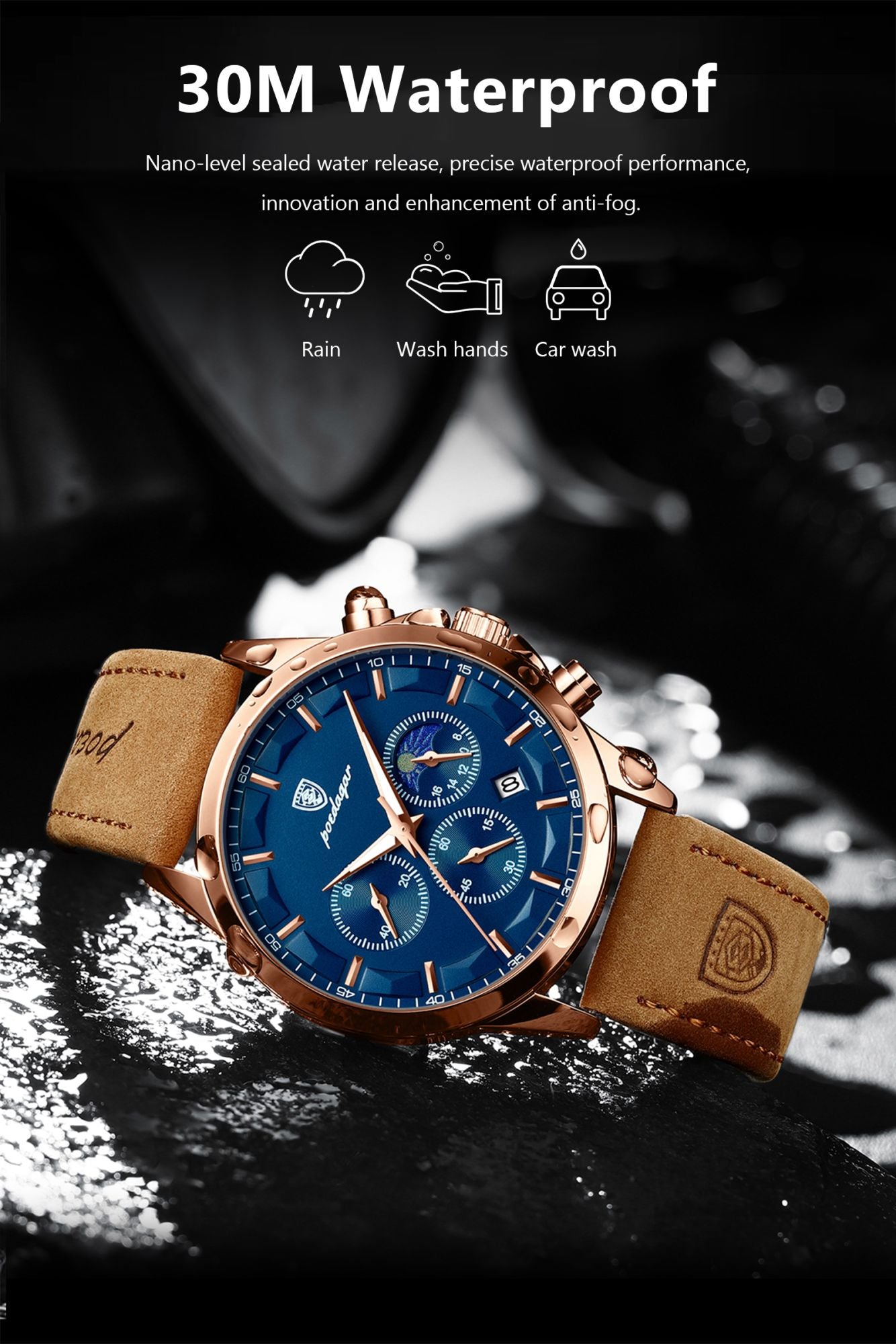POEDAGAR Sports Luxury Men Quartz Watch Waterproof Chronograph Luminous Date Man Wristwatch Business Leather Men's Watches Clock