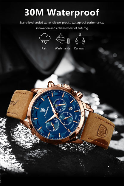 POEDAGAR Sports Luxury Men Quartz Watch Waterproof Chronograph Luminous Date Man Wristwatch Business Leather Men's Watches Clock