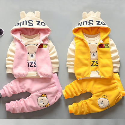 Boys Clothes Suit Autumn Winter Warm Baby Girl Suits Kids Vest+Tops+Pants 3Pcs Children Fashion Cartoon Print Casual Outfits