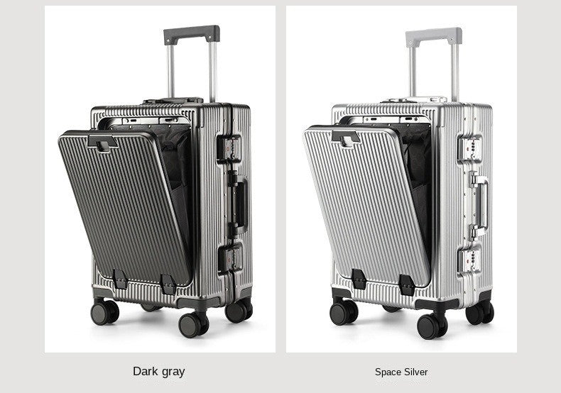 Suitcase Front Opening Pocket Aluminum Alloy Frame Rolling Luggage with USB Charging Plug Trolley Carry-on Case Bag with Wheel