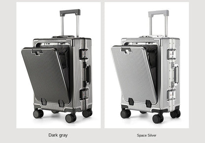 Suitcase Front Opening Pocket Aluminum Alloy Frame Rolling Luggage with USB Charging Plug Trolley Carry-on Case Bag with Wheel