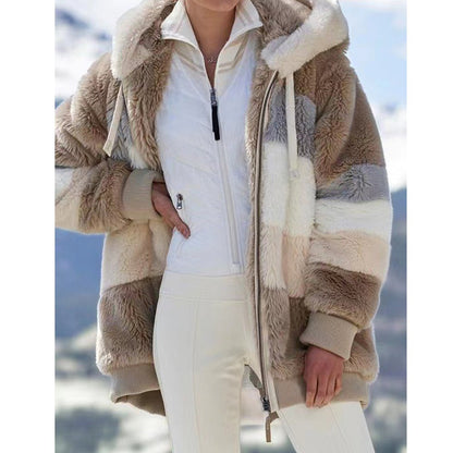 Winter Fashion Women's Coat 2025 Hooded Zipper Ladies Jacket Spliced Thick Cashmere Women Jacket Stitching Plaid Ladies Coats