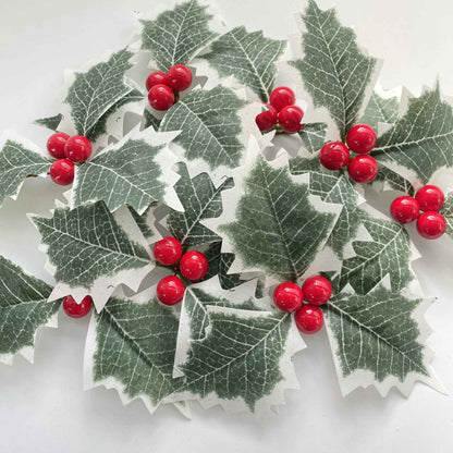 50/10Pcs Artificial Holly Berries With Green Leaves DIY Christmas Wreath Wedding Flower Gifts Xmas New Year Festival Decorations