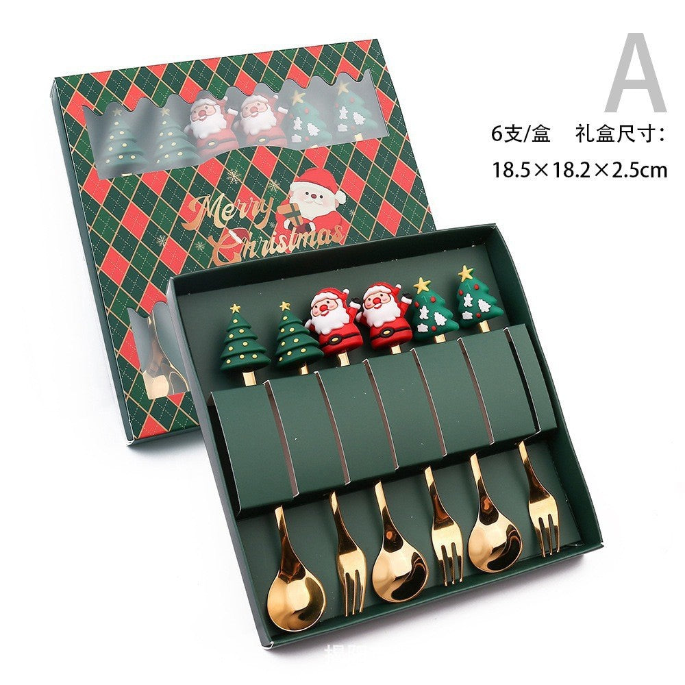 Conjunto 6 Peças de Garfos e Colheres Papai Noel Árvore de Natal Aço Inoxidável Colher de Café Sobremesa Utensílios de Mesa para Festa de Natal Presente Requintado