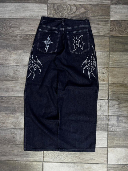 Retro Gothic Street Clothing Fashion Hip Hop American Loose Straight Wide Legs Women Line Harajuku Oversized Washed Jeans Men