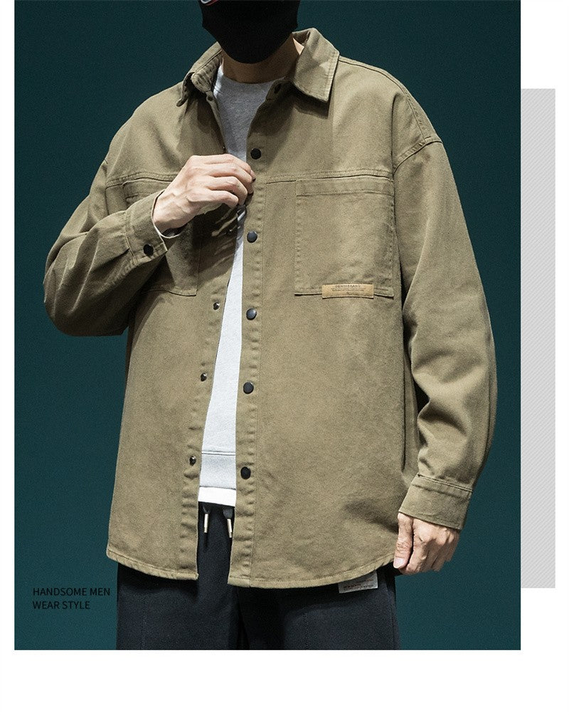 Autumn Men's Long Sleeve Cargo Shirt Casual Korean Fashion Oversize Blouses Hombre 2025 New High Street Y2K T Shirt Baggy Jacket