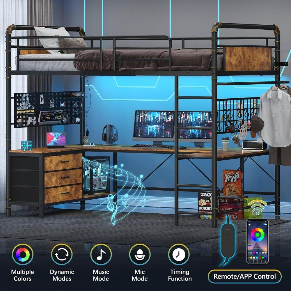 Loft Bed with U-Shaped Desk, Metal Loft Bed with LED Lights, Charging Station, Industrial Heavy Duty Bunk Loft Bed Frame