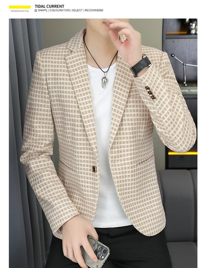 Blazer Men's Fashion Gentleman Business Outdoor Travel Plaid Slim-fit Korean Version of The Trend Handsome Youth Casual Blazer