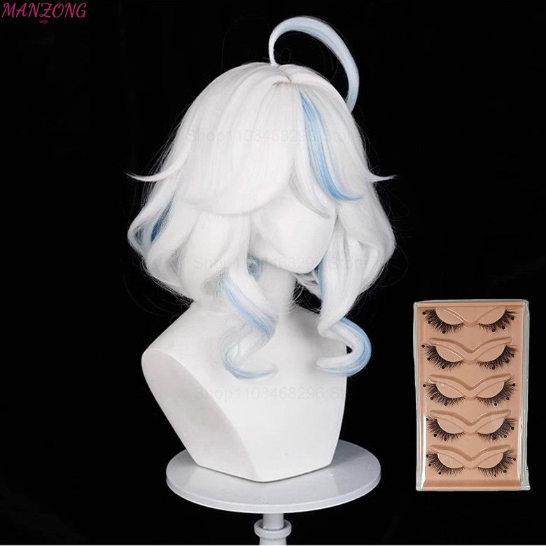 Peruca Curta Furina Peruca Cosplay Focalors Curta Prata Branca Azul Peruca Cosplay Anime Perucas Cosplay Resistente ao Calor Sintética + Touca de Peruca