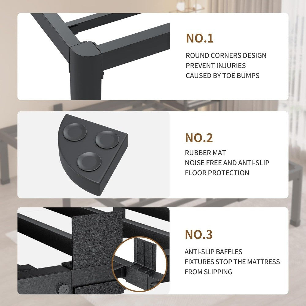 Base de Cama Queen Size de 20 Polegadas com Pernas de Canto Arredondado, Batente para Colchão, Não Requer Box Spring, Plataforma de Metal Resistente