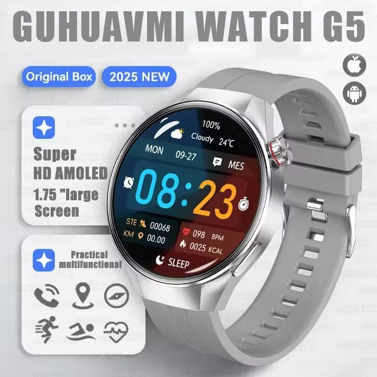 Smartwatch 2025 Original G5 Plus, Tela AMOLED HD de 1,75", Rastreamento GPS, Frequência Cardíaca, Chamada Bluetooth, Bússola para Homens
