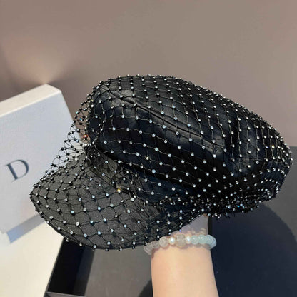 Chapéu Elegante com Strass em Malha Preto Versão Coreana de Alta Qualidade Moda Leve Luxo Estilo Pequeno e Perfumado Chapéu de Aba Reta Bico de Pato