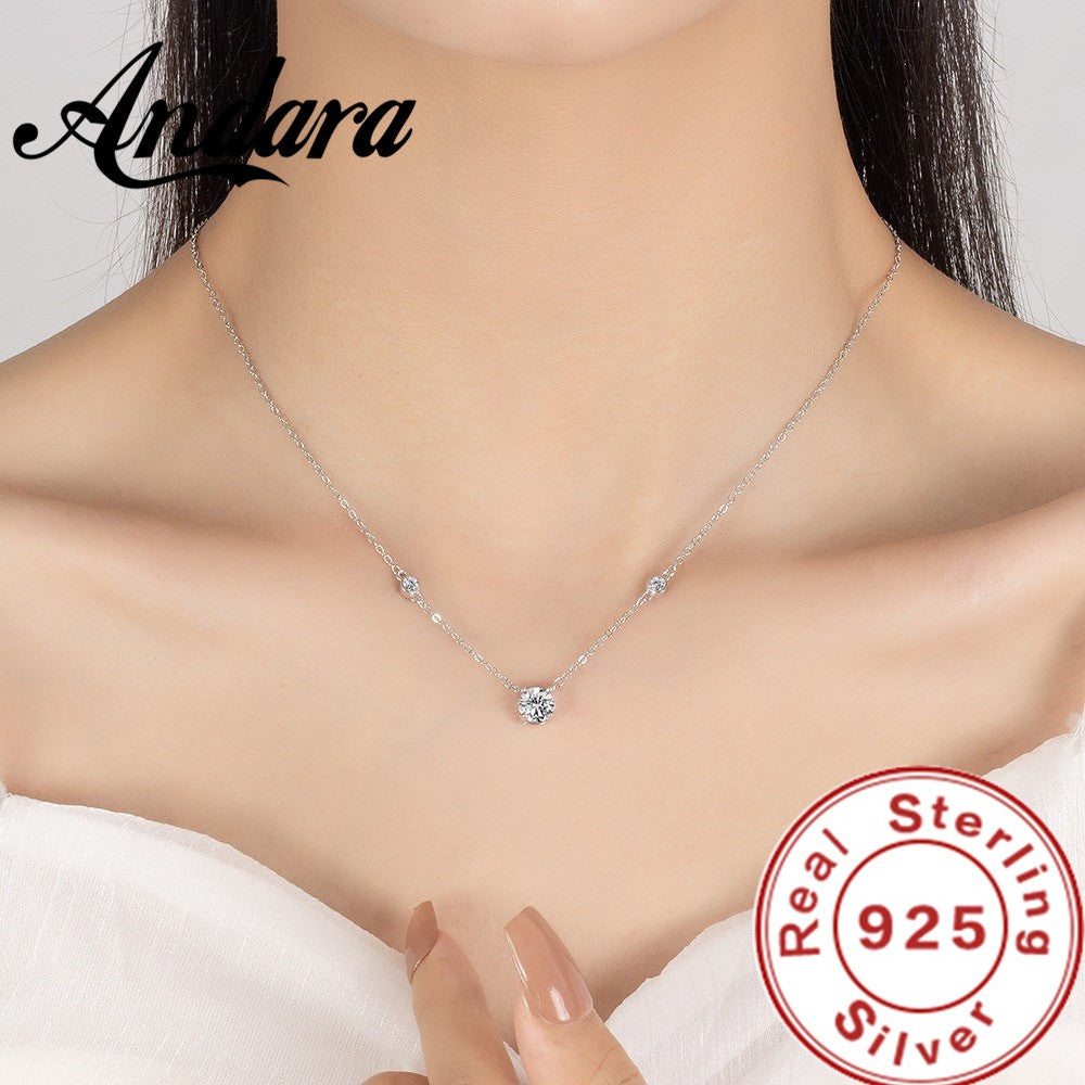 Andara 925 Sterling Silver Necklace Four Claw Zircon Pendant Women'S Elegant Necklace Exquisite Anniversary Party Wedding Gift