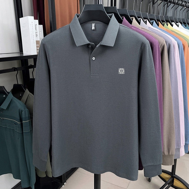 100% pure cotton spring and autumn fashionable men's collar striped long sleeved polo shirt brand embossed casual T-shirt