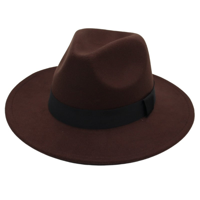 Autumn and winter men and women's new large brimmed hats, fashionable woolen jazz hats, English style top hats