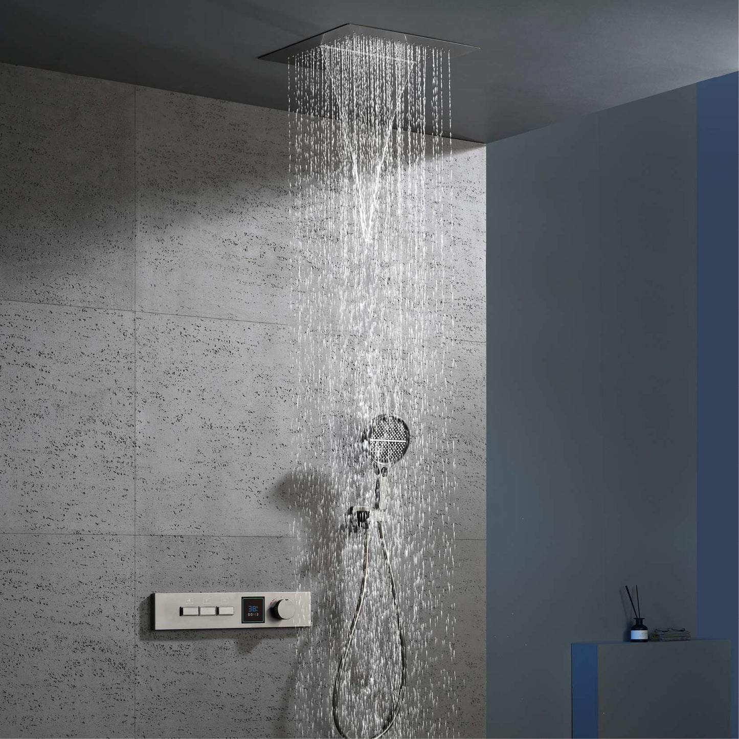 Luxury gun gray brass shower system with LED digital display design Wall mounted constant temperature 3-function bathroom faucet