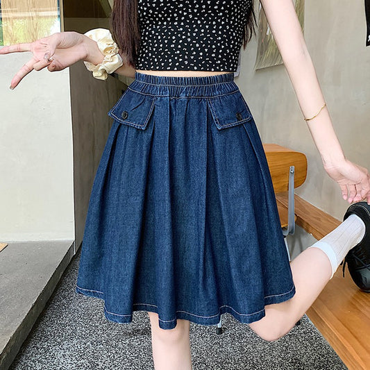 Casual Summer Plus Size Midi Denim Skirts Woman Preppy Loose A-line Ruffles Skirt With Shorts Elastic Waist Jeans Skirts Women