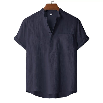 Men's Summer Cotton Linen T-shirt Beach Style Short SLeeve Henley Neck Vacation Hawaii Casual Lightweight Breathable Cozy Tops