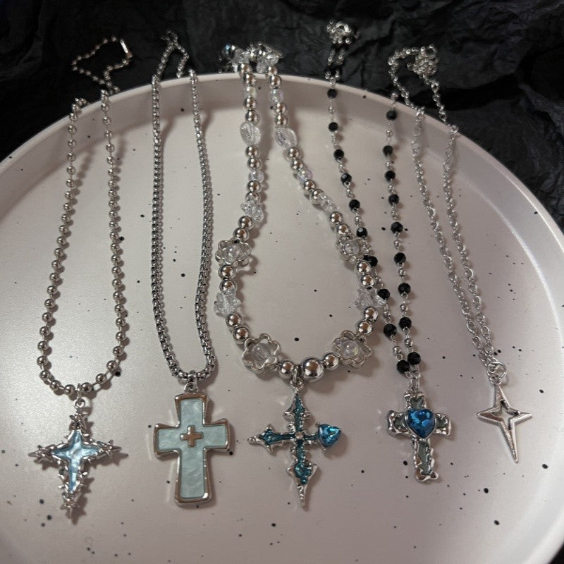 Trendy Punk Blue Cross Pendant Sliver Color Chain Necklace For Women Men Fashion Gothic Y2K Charms Hip Hop Jewelry Accessories