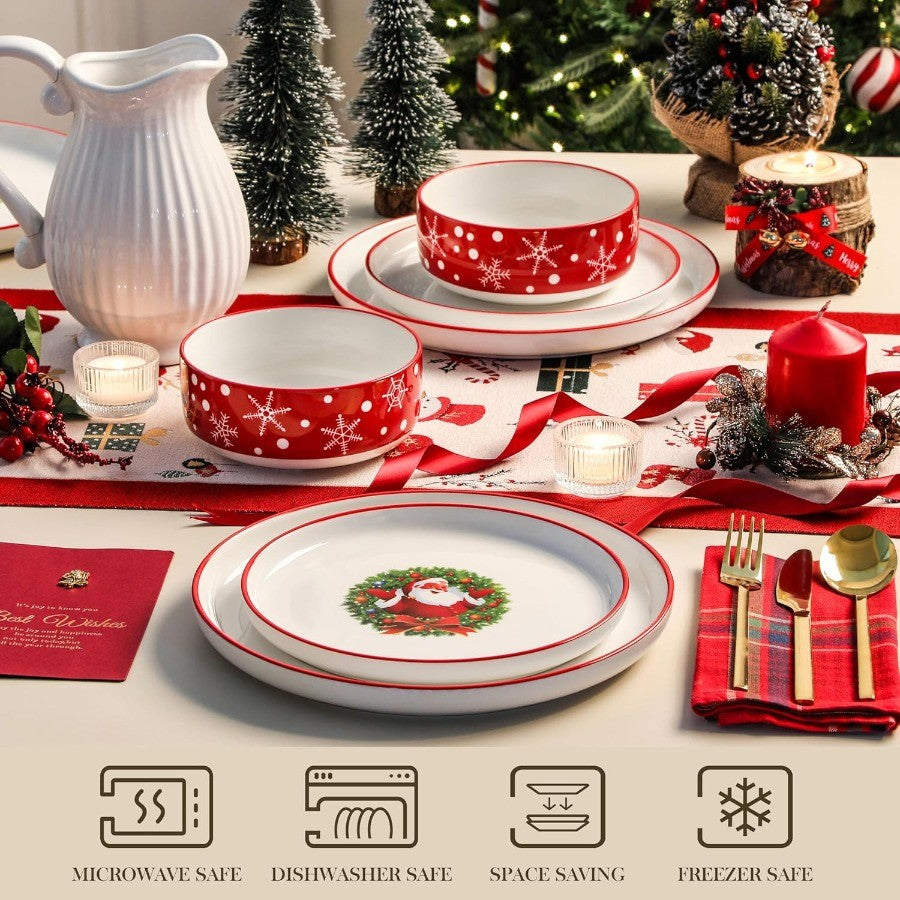 12Piece Christmas Porcelain Dinnerware Set for 4 Including Plates and Bowls Ceramic Kitchen Dining Ware Set with Santa Claus De