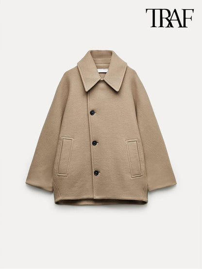 Sobretudo Feminino Casual Vintage Cáqui Manga Morcego Gola Lapela Quente Tweed Outono Inverno Moda Solto Abotoamento Único