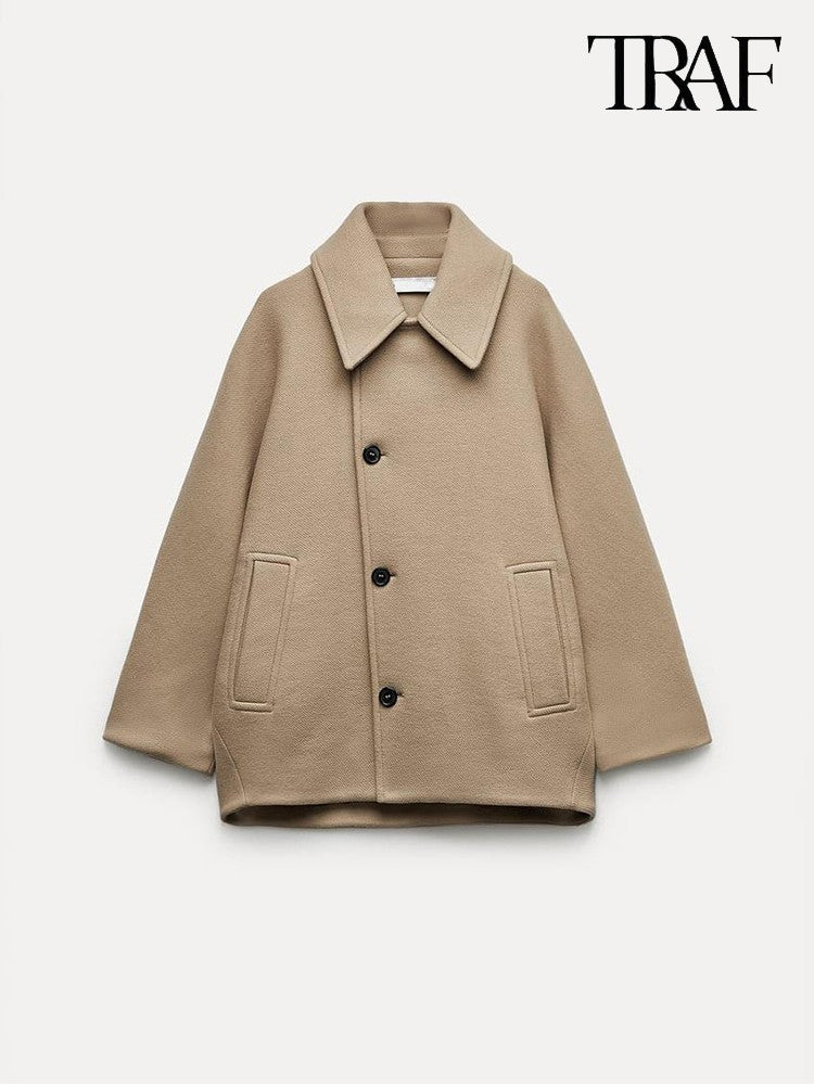 Sobretudo Feminino Casual Vintage Cáqui Manga Morcego Gola Lapela Quente Tweed Outono Inverno Moda Solto Abotoamento Único