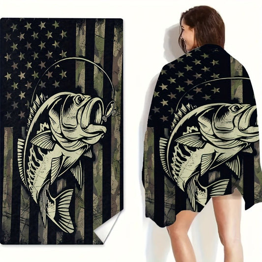 1pc  & Fishing Pattern Beach Towel, Absorbent Beach Towel, Soft Beach Blanket, For Travel Camping Swimming Vacation, Beach , Gif