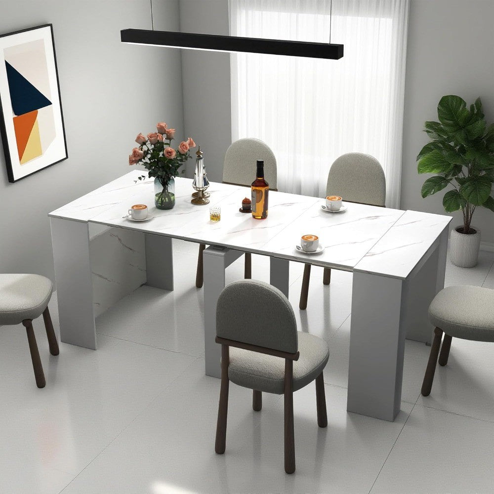 Modern 20 to 118.5 Inch Expandable Dining Table, White Marble Top, Seats 2 to 12 People