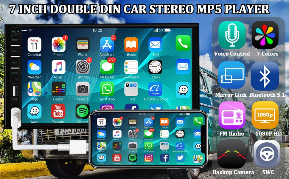 7 Inch MP5 Player Car Stereo 2 Din Touch Screen Car Audio Receivers with Backup Camera Bluetooth Mirror Link USB AUX TF FM Radio