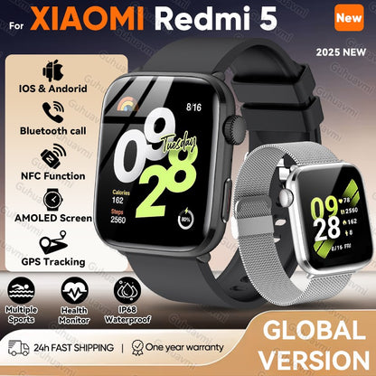 2025 Novo Para Xiaomi Redmi Watch 5 Chamada Bluetooth GPS Rastreamento NFC Frequência cardíaca IP68 À prova d'água Esporte Fitness Pulseira inteligente Unissex
