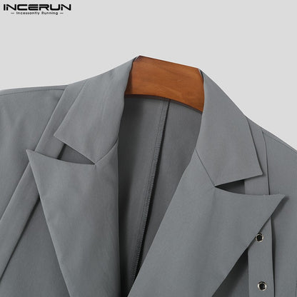 INCERUN Korean Fashion Men Blazer Casual  Long Sleeve Solid Tops Pocket Button Steetwear Male Outfits Well Fitting Vintage Coats