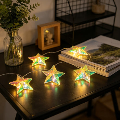Iridescent 3D Prism Star LED String Lights, Battery Powered Fairy Lights for Indoor Bedroom, Wedding, Window & Home Party Decor