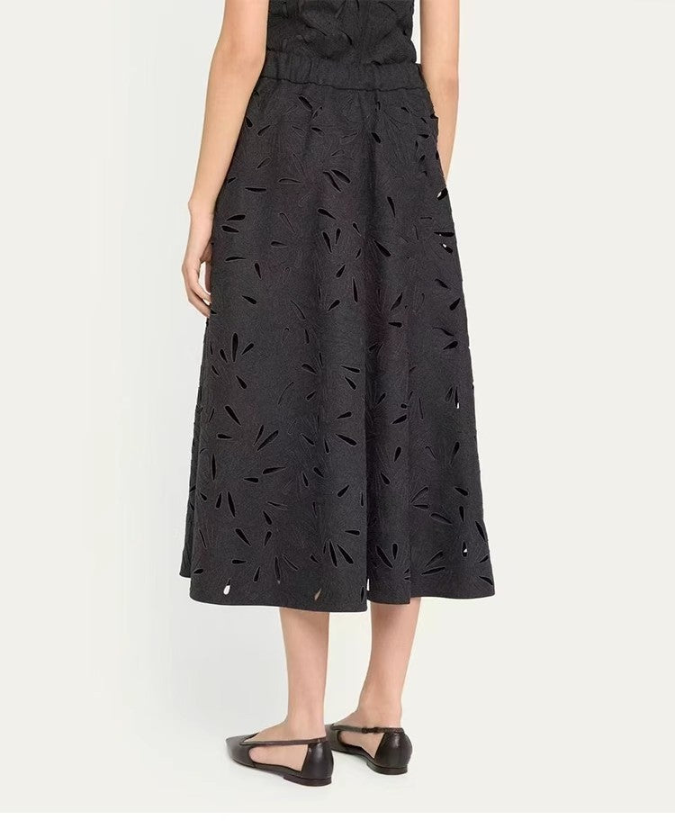 Dark Grey Wool Skirts for women 2024 Autumn Winter Big Swing A-Line Long Skirt Elegant Elastic waist Zipper Hollow Out Skirt