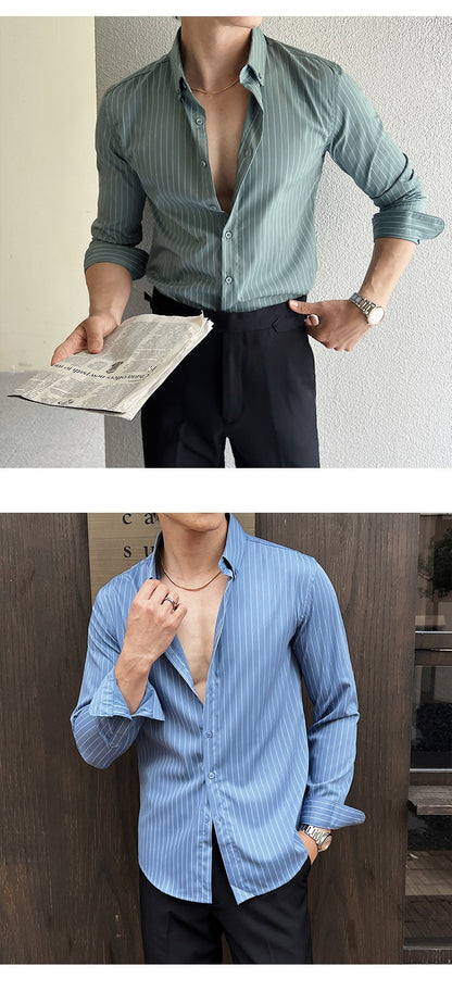 Striped Shirts for Men High-quality 2025 Autumn New Solid Business Casual Long Sleeved Elastic Slim Fit Dress Shirt Men Clothing