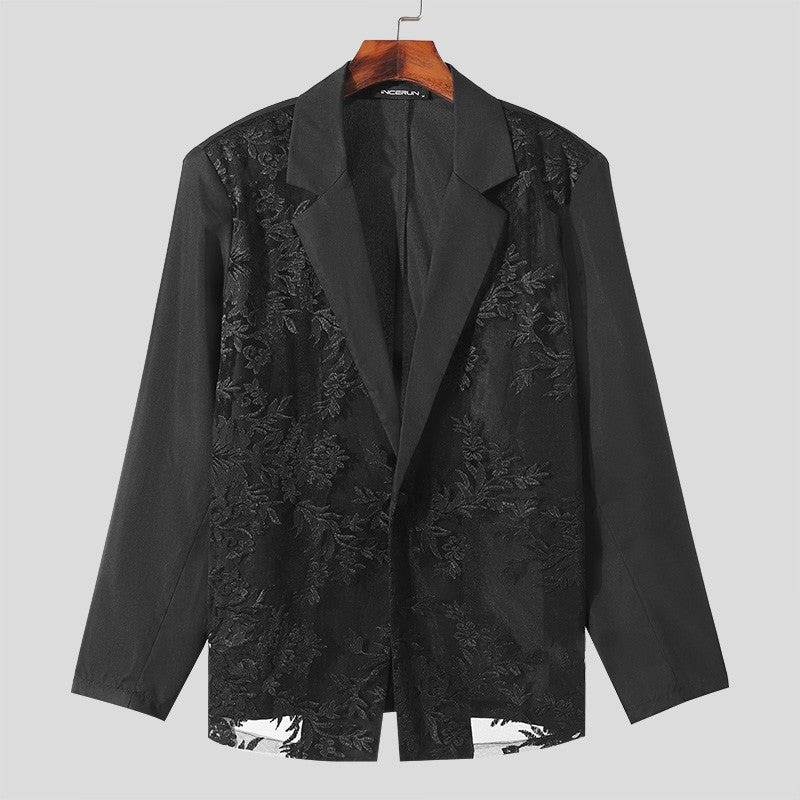 INCERUN Men Blazer Mesh Patchwork Lace Transparent Lapel Long Sleeve Casual Suits Men Streetwear 2024 One Button Fashion Coats