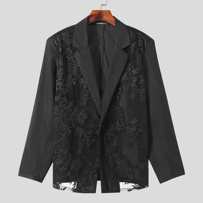 INCERUN Men Blazer Mesh Patchwork Lace Transparent Lapel Long Sleeve Casual Suits Men Streetwear 2024 One Button Fashion Coats