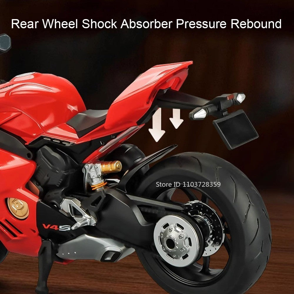 Modelos de motocicleta em miniatura 1:9 Scale 1299 V4S Brinquedos de motocicleta de liga leve com som, luz e absorção de choque, motocicletas de ornamento para presentes infantis