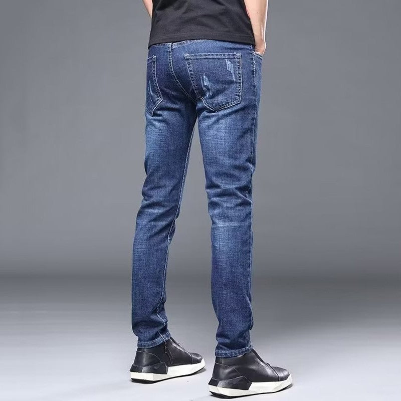 Men's Stylish Classic Business Casual Jeans Four Seasons Wear Black Blue Pants Middle-waist Leggings Denim Fabric Trousers Male
