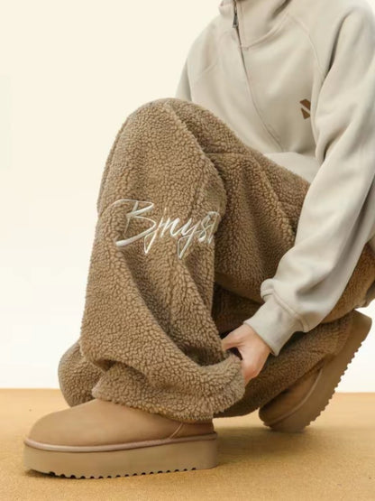 Women's Embroidered Flannel Sweatpants American Lamb Fleece Cotton Thickened Warm Couple Skiing Pants Autumn