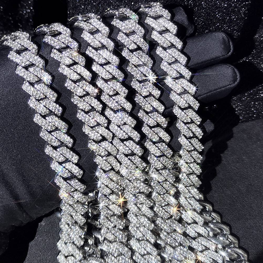 HipHop Men Women 14MM Prong Cuban Link Chain Necklace Bling Iced Out 2 Row Rhinestone Paved Miami Rhombus Cuban Necklace Jewelry