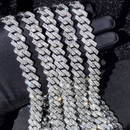 HipHop Men Women 14MM Prong Cuban Link Chain Necklace Bling Iced Out 2 Row Rhinestone Paved Miami Rhombus Cuban Necklace Jewelry