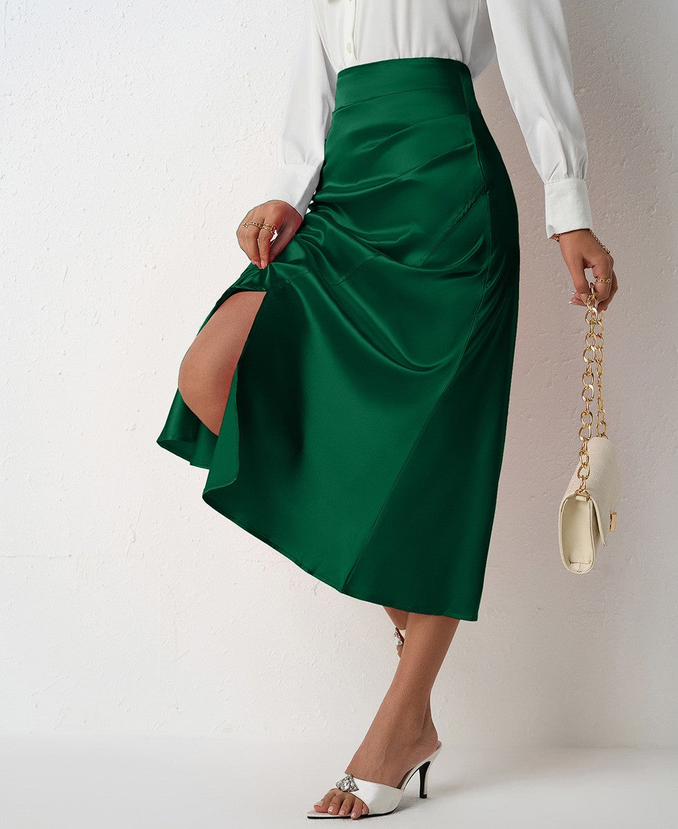 Nighpha Women's Elegant Satin Skirts High Waisted Flared Casual Work Office Fishtail Midi Skirt