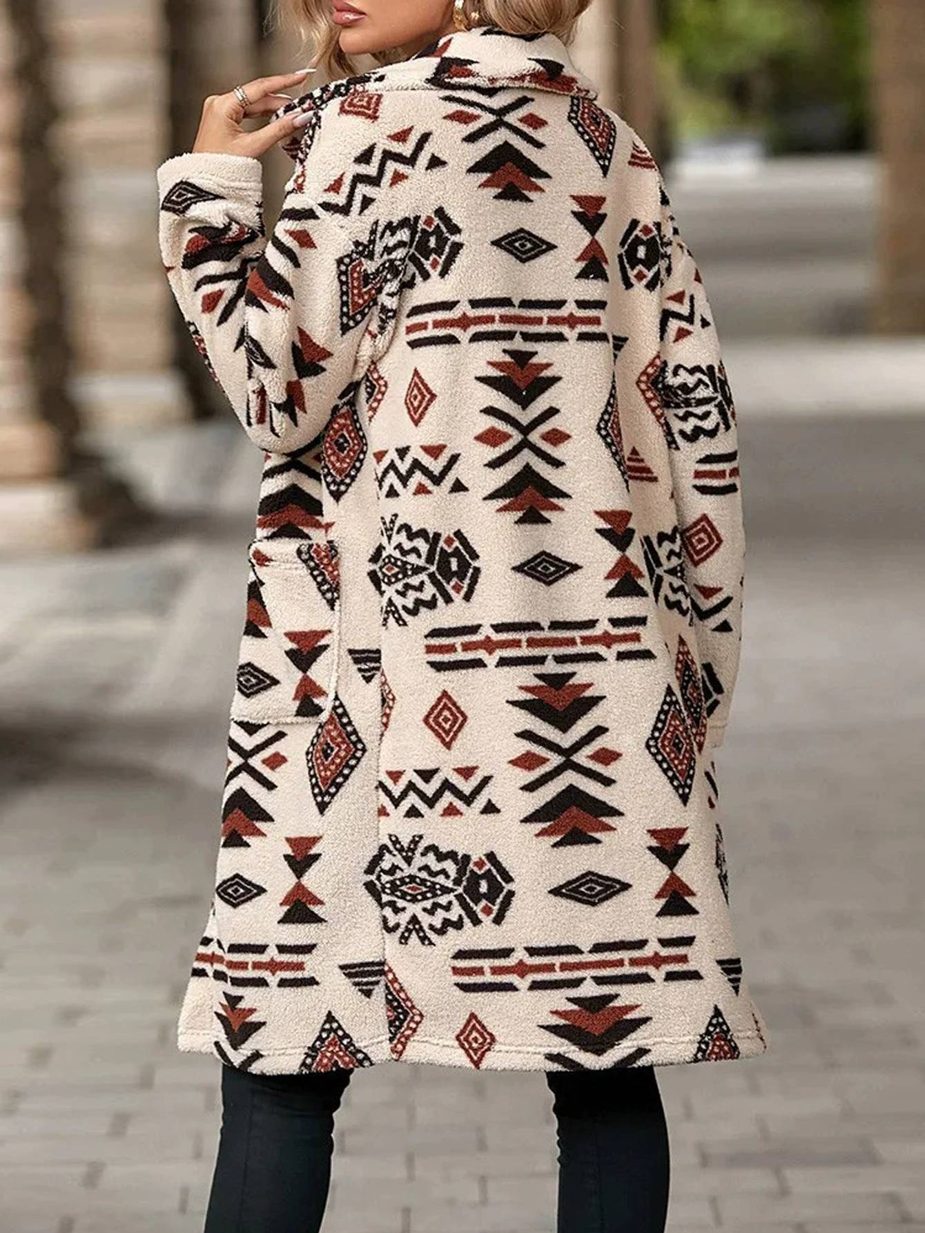 2025 New Women's Overcoat Jacket European American Style Single-breasted Ethnic Printed Fleece Long Length For Autumn Winter