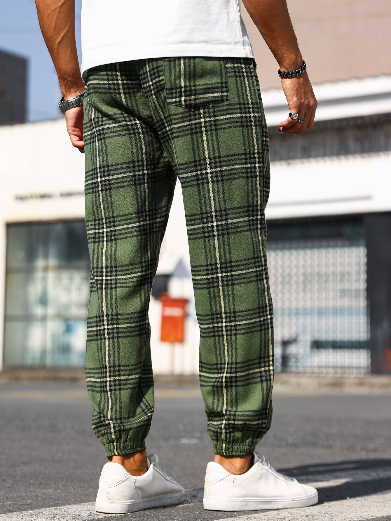 Calças Masculinas Xadrez com Punho Calças de Pijama Confortáveis para Estilo Relaxado