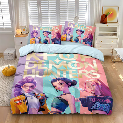 Conjunto de Cama Rumi K-Pop Caçadores de Demônios Temático 2 Lados Estampa Colorida Poliéster Lençol de Dormitório Estudantil Capa de Edredom Presente Infantil