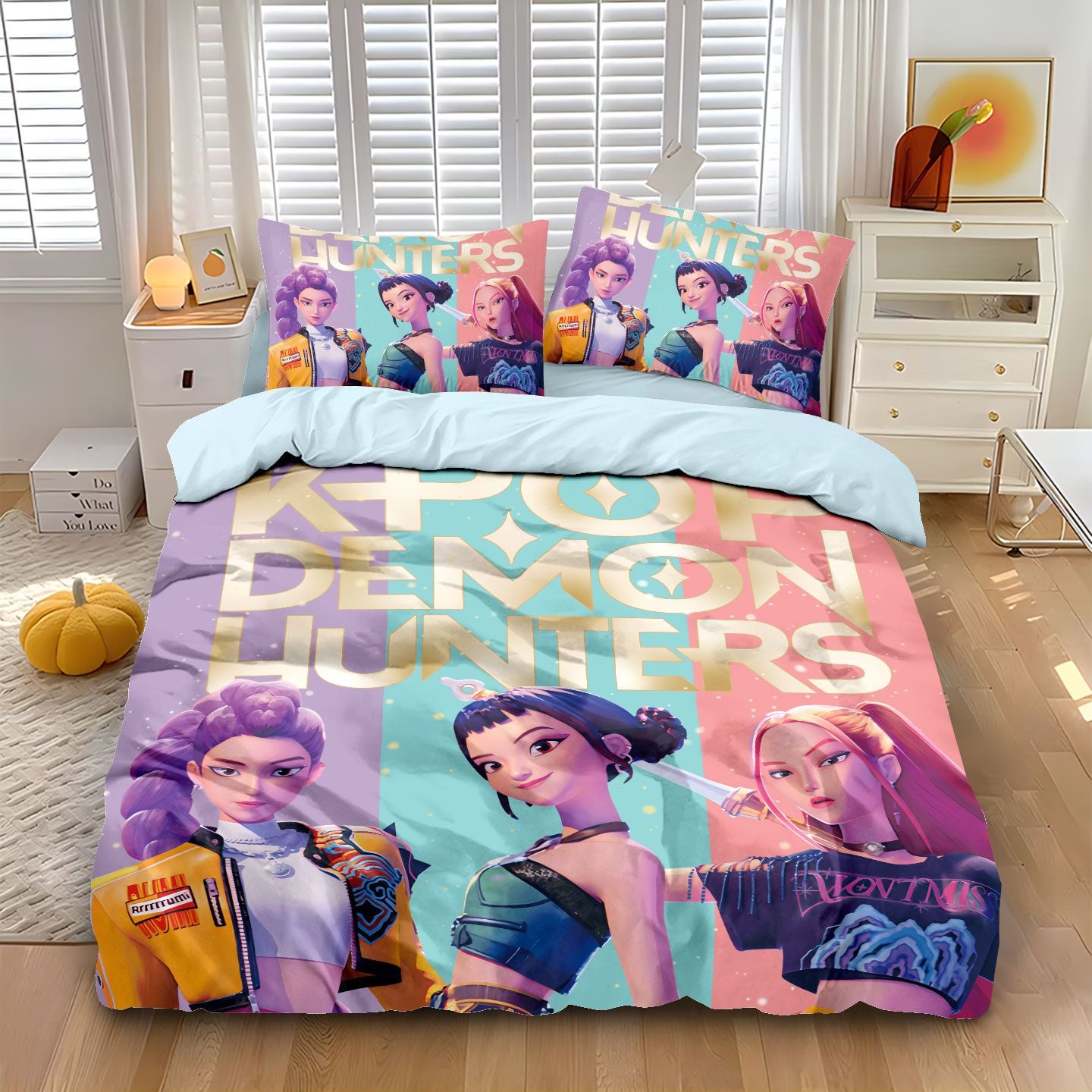 Conjunto de Cama Rumi K-Pop Caçadores de Demônios Temático 2 Lados Estampa Colorida Poliéster Lençol de Dormitório Estudantil Capa de Edredom Presente Infantil