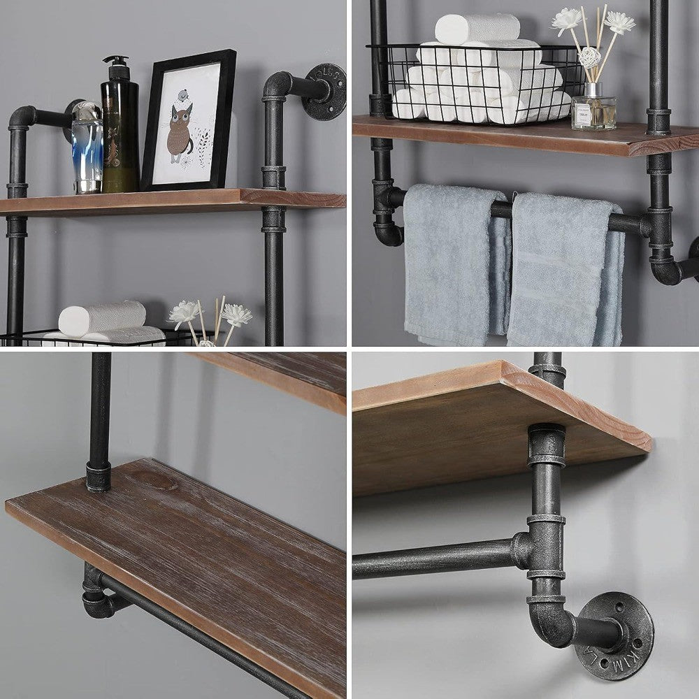 Industrial Pipe Style Wall Mounted Floating Shelves - 2-Tier 24 Rustic Wood Bathroom Shelf with Towel Rack