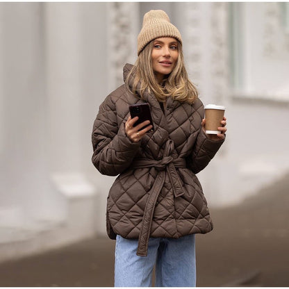 Solid Lapel Lace Up Cotton Coat Women Fashion Long Sleeve Warm Loose Pocket Short Coats Lady New Winter Commute Street Outwears