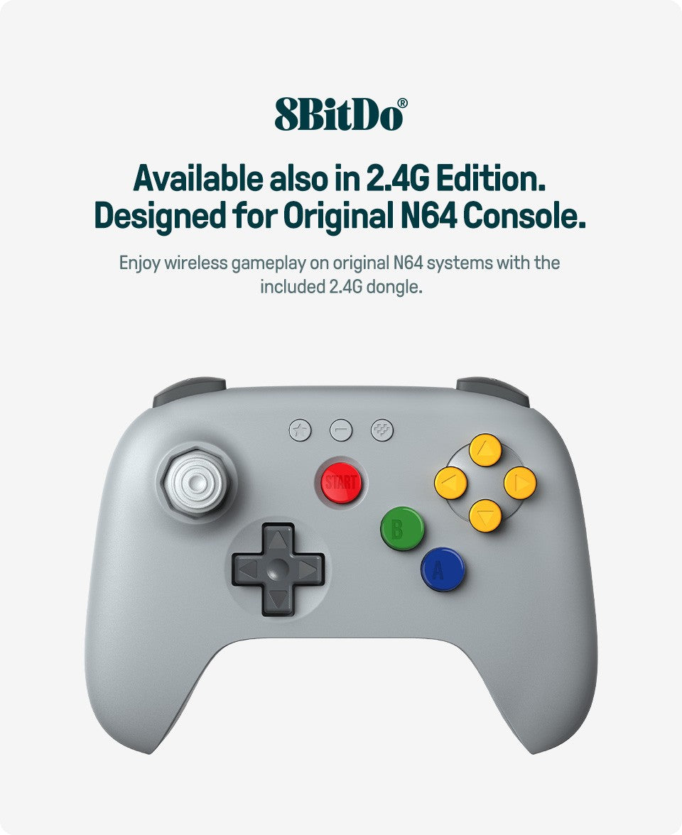 8BitDo 64 2.4G Wireless Controller for Original N64 / Analogue 3D / Windows PC, Retro Gamepad Low Latency (Grey)